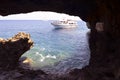 Sea view from the cave near the church on Cape Cavo Greco. Island Cyprus, Mediterranean Sea Royalty Free Stock Photo