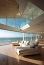 Sea view empty large living room of luxury summer beach house with swimming pool near wooden terrace. Big white wall Royalty Free Stock Photo