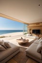Sea view empty large living room of luxury summer beach house with swimming pool near wooden terrace. Big white wall Royalty Free Stock Photo