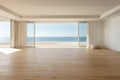 Sea view empty large living room of luxury summer beach house with swimming pool near wooden terrace. Big white wall Royalty Free Stock Photo