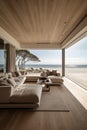 Sea view empty large living room of luxury summer beach house with swimming pool near wooden terrace. Big white wall Royalty Free Stock Photo