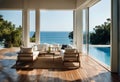 Sea view empty large living room of luxury summer beach house with swimming pool near wooden terrace. Big white wall background in Royalty Free Stock Photo