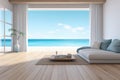 Sea view empty large living room of luxury summer beach house with wooden terrace. Minimal home interior with beach and sea view Royalty Free Stock Photo