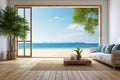 Sea view empty large living room of luxury summer beach house with wooden terrace. Minimal home interior with beach and sea view Royalty Free Stock Photo