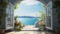 sea view framed by open window on sunny day generative AI