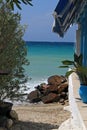 Sea view from Greek tavern in Skala Fourka Royalty Free Stock Photo