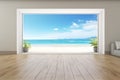 Sea view large living room of luxury summer beach house with empty wooden floor. Interior 3d illustration in vacation home or Royalty Free Stock Photo