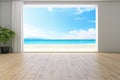 Sea view large living room of luxury summer beach house with empty wooden floor. Interior 3d illustration in vacation home or Royalty Free Stock Photo