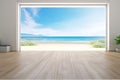 Sea view large living room of luxury summer beach house with empty wooden floor. Interior 3d illustration in vacation home or Royalty Free Stock Photo