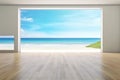 Sea view large living room of luxury summer beach house with empty wooden floor. Interior 3d illustration in vacation home or Royalty Free Stock Photo