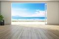 Sea view large living room of luxury summer beach house with empty wooden floor. Interior 3d illustration in vacation home or Royalty Free Stock Photo