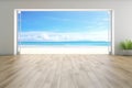 Sea view large living room of luxury summer beach house with empty wooden floor. Interior 3d illustration in vacation home or Royalty Free Stock Photo