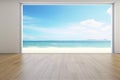 Sea view large living room of luxury summer beach house with empty wooden floor. Interior 3d illustration in vacation home or Royalty Free Stock Photo