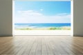 Sea view large living room of luxury summer beach house with empty wooden floor. Interior 3d illustration in vacation home or Royalty Free Stock Photo