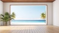 Sea view large living room summer beach house with swimming pool. Generative Ai