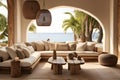 Sea view living room with comfortable sofa, natural light, tropical plants in luxury beach house, modern villa Home interior