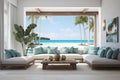 Sea view living room with comfortable sofa, white wall, tropical plants in luxury beach house, modern villa Home interior, Royalty Free Stock Photo