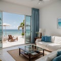 Sea view living room of luxury beach house with glass door and wooden terrace Large white sofa against blue wall near TV Royalty Free Stock Photo