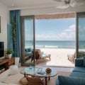 Sea view living room of luxury beach house with glass door and wooden terrace Large white sofa against blue wall near TV Royalty Free Stock Photo