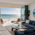 Sea view living room of luxury beach house with glass door and wooden terrace Large white sofa against blue wall near TV Royalty Free Stock Photo