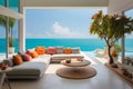 Sea View Living Room In Luxury Beach House, Modern Villa. Home Interior, Tropical Resort Concep