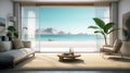 Sea view Living room with terrace in modern luxury beach house, Vacation home for big family Royalty Free Stock Photo