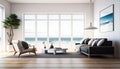 Sea view living room with wooden floor and empty white wall background in luxury beach house, Royalty Free Stock Photo