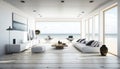 Sea view living room with wooden floor and empty white wall background in luxury beach house, Royalty Free Stock Photo