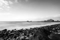 Sea view, marine panorama of the coast at sunset, sea, mountains, rocks, clouds and waves with soft light. Tenerife island coast Royalty Free Stock Photo