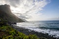 Sea view, marine panorama of the coast at sunset, sea, mountains, rocks, clouds and waves with soft light. Tenerife island coast Royalty Free Stock Photo