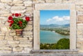 Sea view through the open window with flower Royalty Free Stock Photo