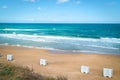 Sea view by the sandy beach against blue sky in Kilyos, cargoship at the far end, Black Sea Region in Istanbul Royalty Free Stock Photo