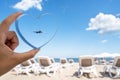 Sea view through shape of heart in the female hand of tropical beach. Valentines day. Holiday, vacation concept. Creative Royalty Free Stock Photo