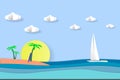 Sea view in summer. white yacht sailing. summer time. vacation. sea with beach. paper cut and craft style. Royalty Free Stock Photo