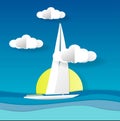Sea view in summer. white yacht sailing. summer time. vacation. sea with beach. paper cut and craft style.
