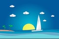 Sea view in summer. white yacht sailing. summer time. vacation. sea with beach. paper cut and craft style. Royalty Free Stock Photo