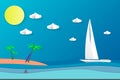 Sea view in summer. white yacht sailing. summer time. vacation. sea with beach. paper cut and craft style. Royalty Free Stock Photo