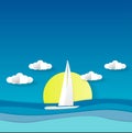 Sea view in summer. white yacht sailing. summer time. vacation. sea with beach. paper cut and craft style. Royalty Free Stock Photo