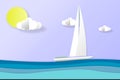 Sea view in summer. white yacht sailing. summer time. vacation. sea with beach. paper cut and craft style.