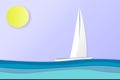 Sea view in summer. white yacht sailing. summer time. vacation. sea with beach. paper cut and craft style.