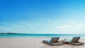 Sea view terrace and beds in modern luxury beach house with blue sky background, Lounge chairs on wooden deck at vacation home