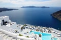 The sea view terrace with swimming pool at luxury hotel, Santorini island Royalty Free Stock Photo