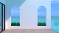 Sea view terrace. A wooden terrace of modern classic building with ocean view, white blank wall with a glass railing. 3D