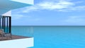 Sea view terrace. A wooden terrace of modern high-rise building with ocean view, white blank wall with a pool-side chair on it. 3D