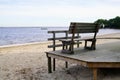 Sea view in wooden terrace with wood bench in sand lake beach Royalty Free Stock Photo