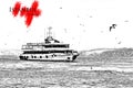 Sea voyage ferry to Bosporus - Istanbul, Turkey. Sketch illustra