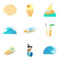 Sea voyage icons set, cartoon style