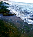 sea water coving a huge green stone at the Seashore.