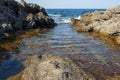 Sea water in stones on the shore. Small bay