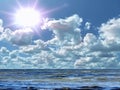 Sea and Blue sky fluffy clouds and sunlight beams skyline  nature landscape weather forecast Royalty Free Stock Photo